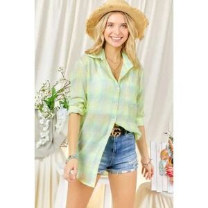 Oversized Plaid Shirt Top, Button Down, Long Sleeve, Casual, Lightweight, New